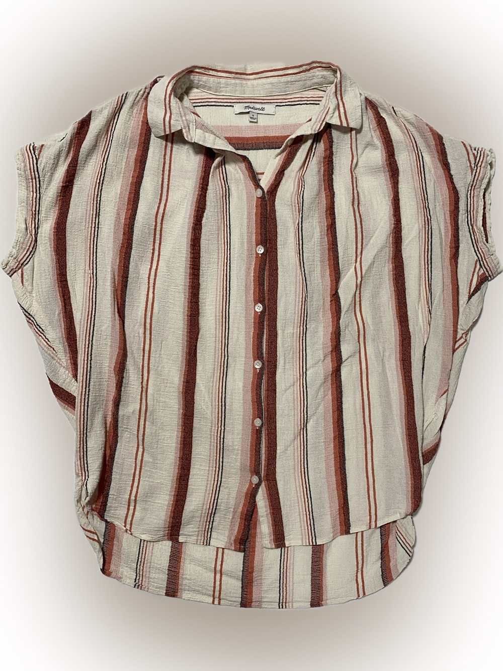 Madewell Cream and Rust-Red Striped Cap-Sleeve Button Front Blouse